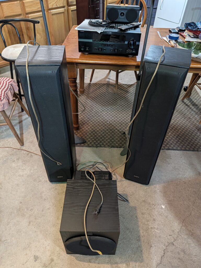 Yamaha 5.1 Home Theater System – Receiver, Sony Towers & Sub, Kenwood Center & Surrounds on Stands